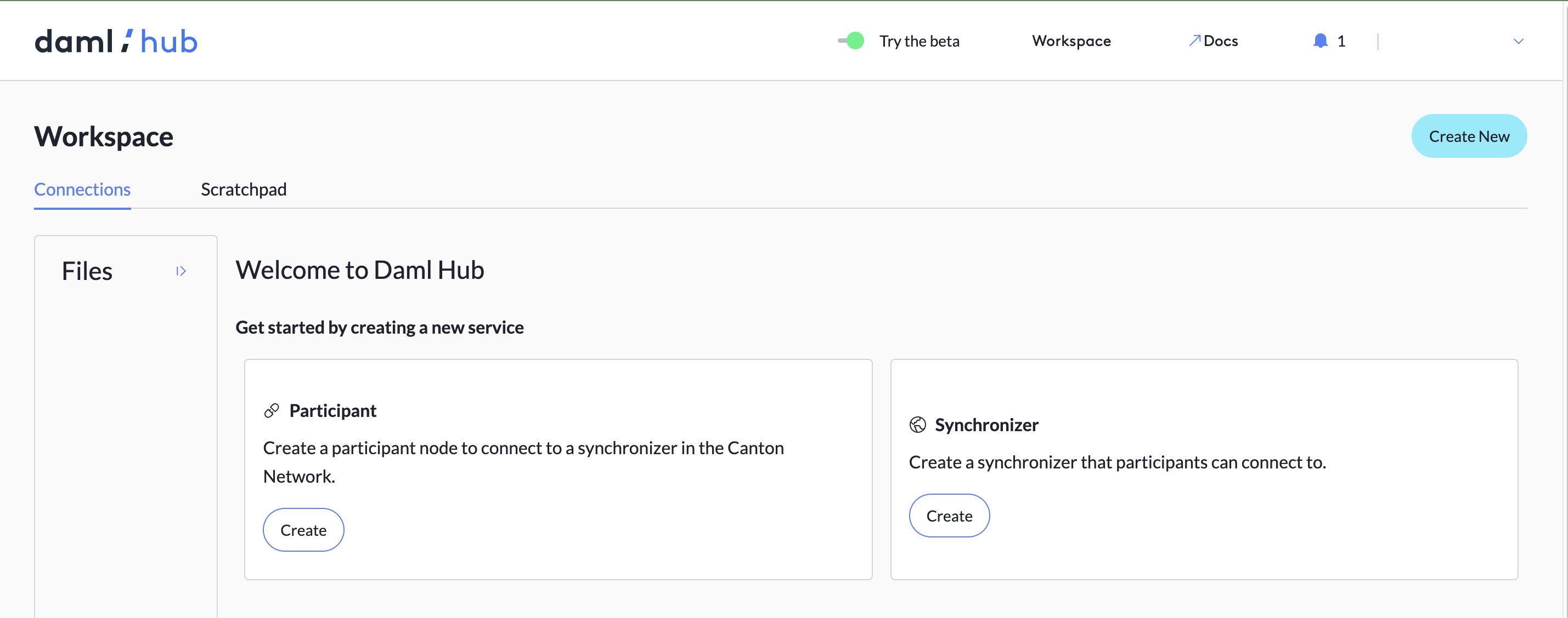The workspace with the Scratchpad tab, a file column on the right, and options to add a participant or synchronizer service.