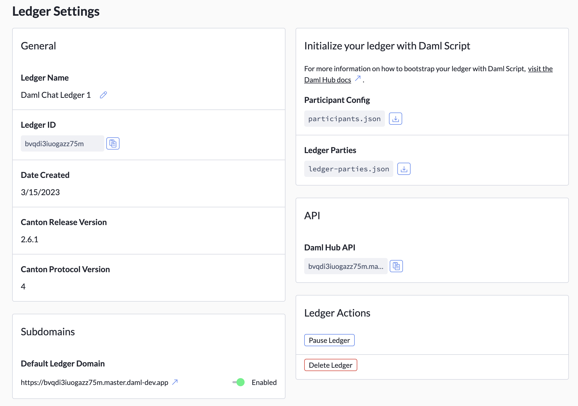 Ledger Settings tab showing the General, Subdomains, Initialize, API, and Ledger Actions tiles.