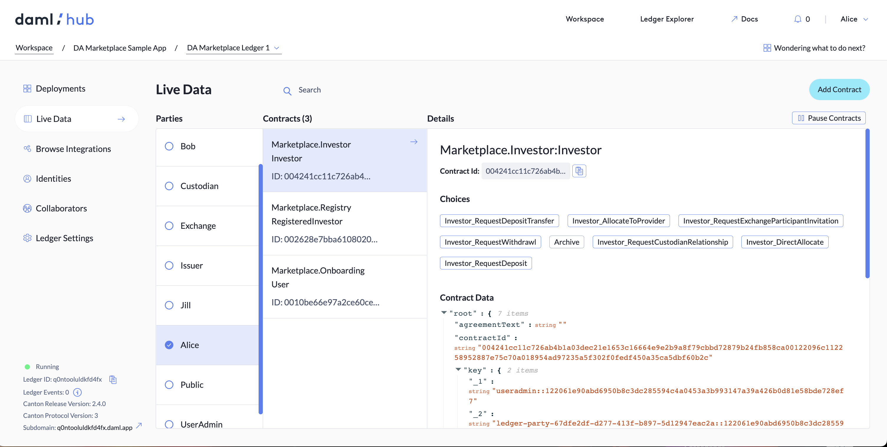 The Live Data tab, showing contracts and contract details for the party Alice.