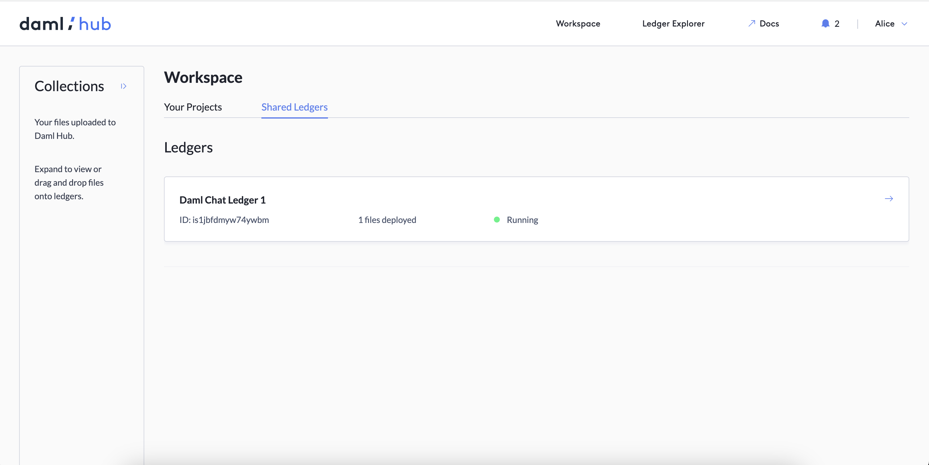 The workspace, now focused on the Shared Ledgers zone, with one instance of the Daml chat ledger running.
