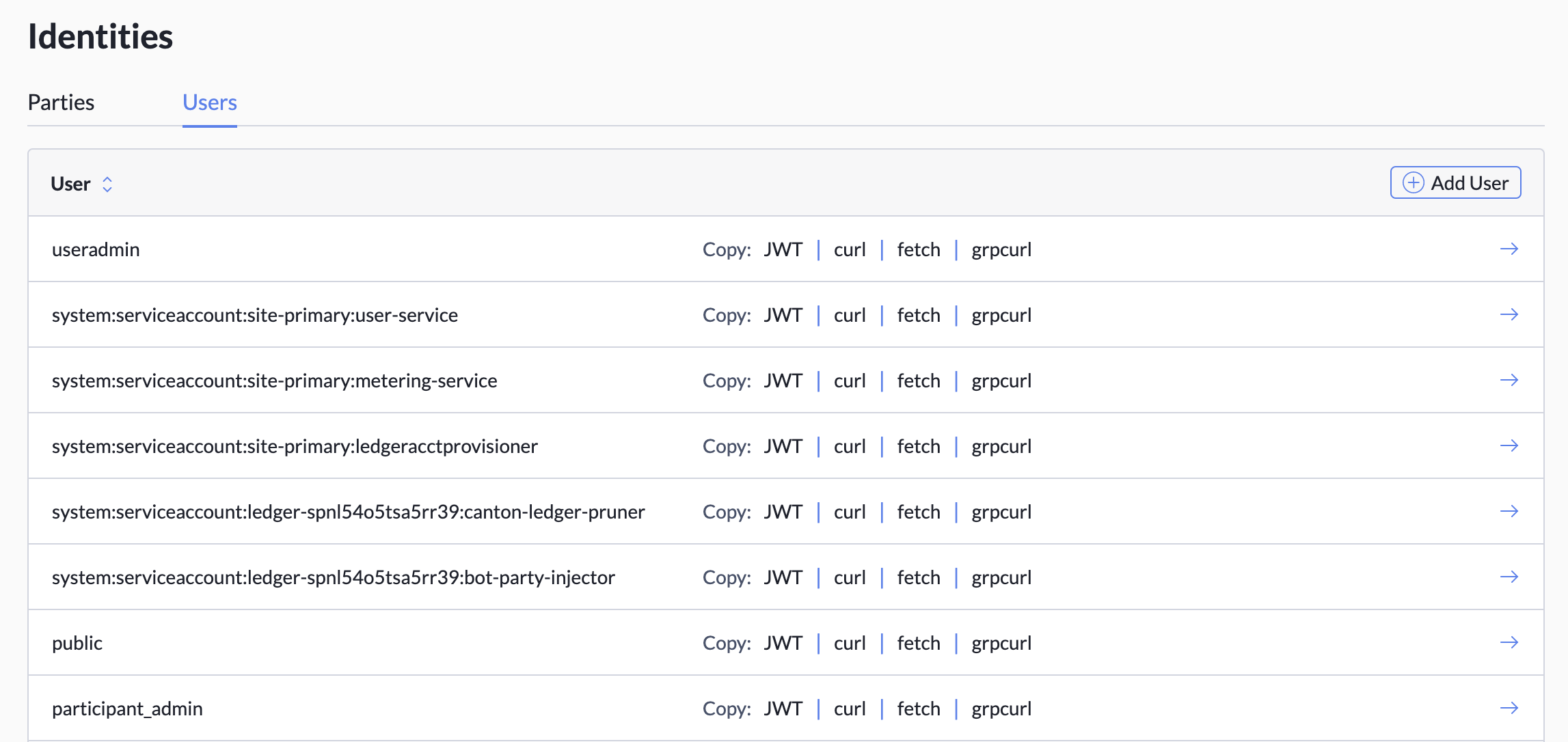 The Users zone of the Identities tab, showing a table with eight users.