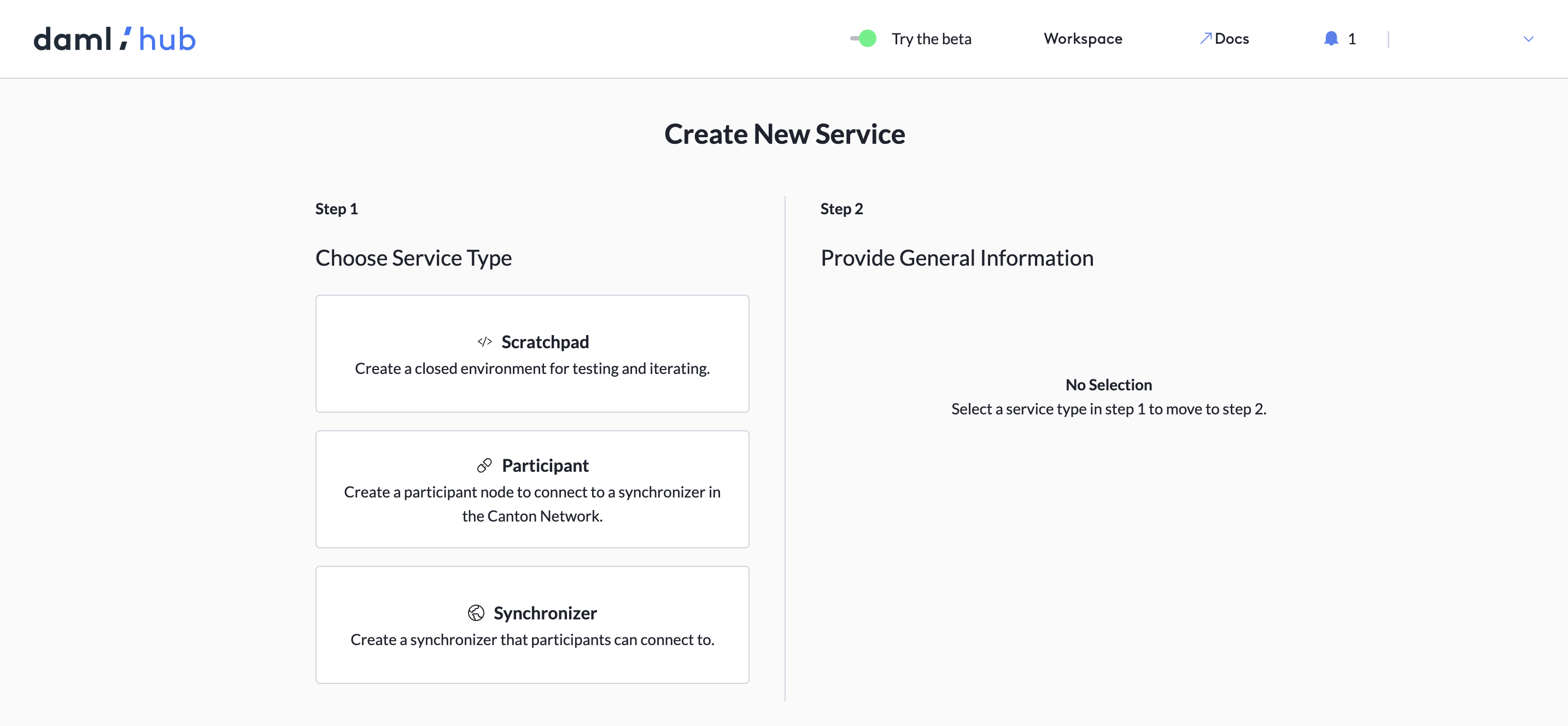 The Create New Service screen with nothing selected.