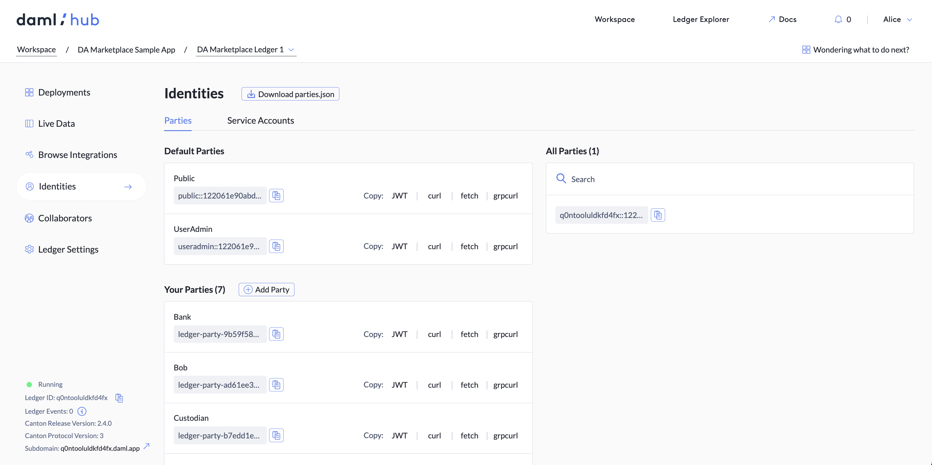 The Parties tab of the Identities screen, with Default Parties, All Parties, and Your Parties sections.