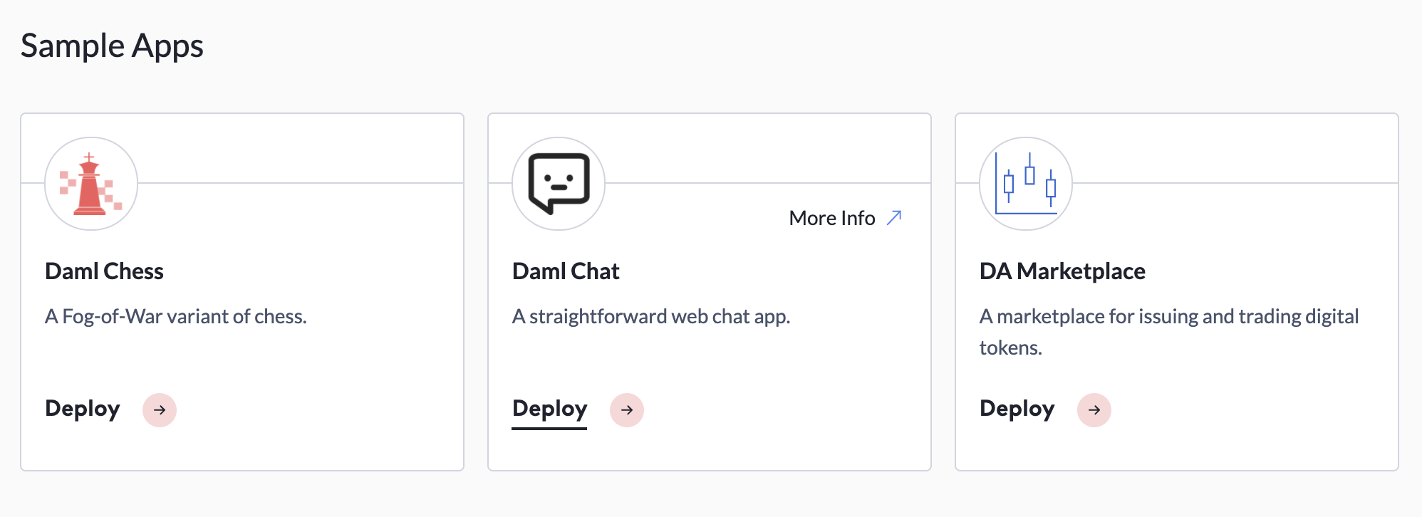 The Sample Apps section with three sample apps - Daml Chess, Daml Chat, and DA Marketplace.