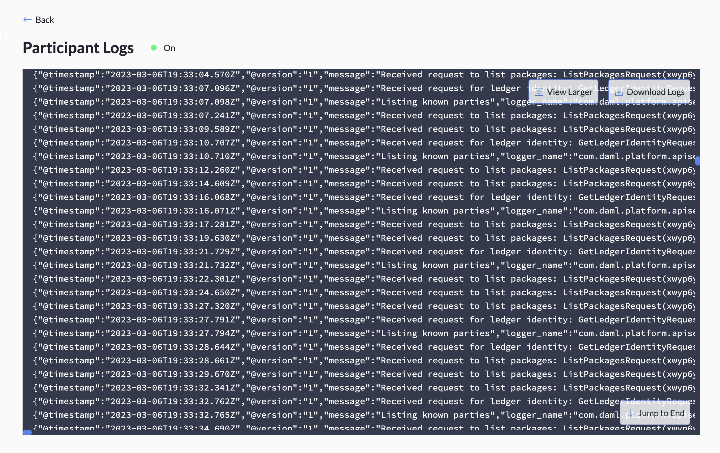 The Participant Logs view, with the "View Ledger", "Download Logs", and "Jump to End" buttons visible.