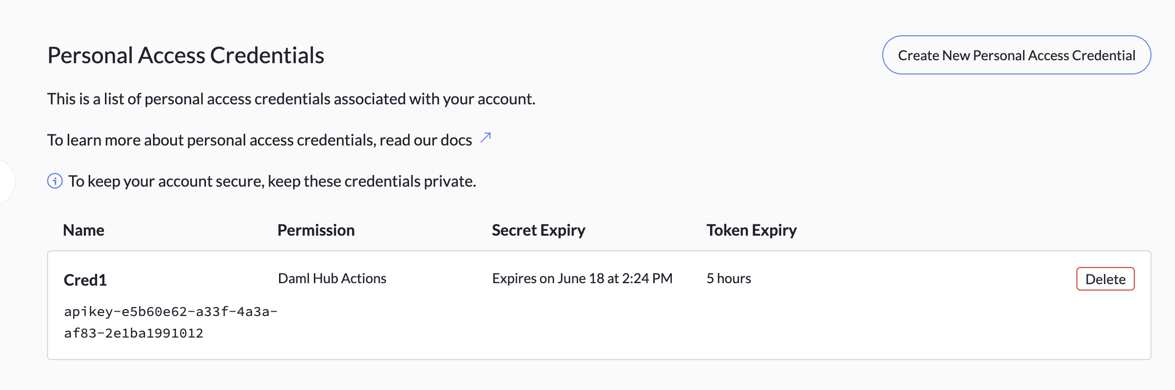 The Credentials tab with one PAC