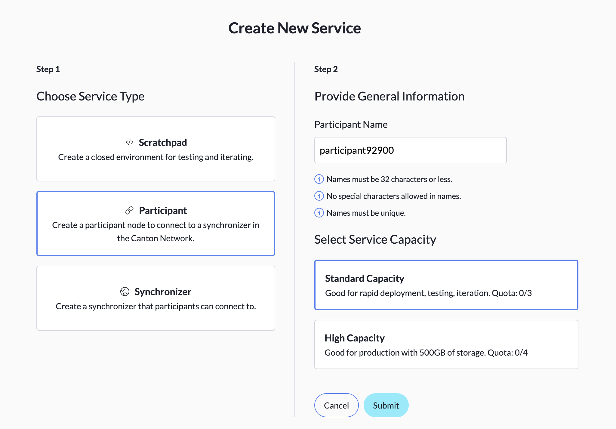 The Create New Service screen with the Participant tile selected, showing a default name, capacity options, and the Cancel/Submit buttons.