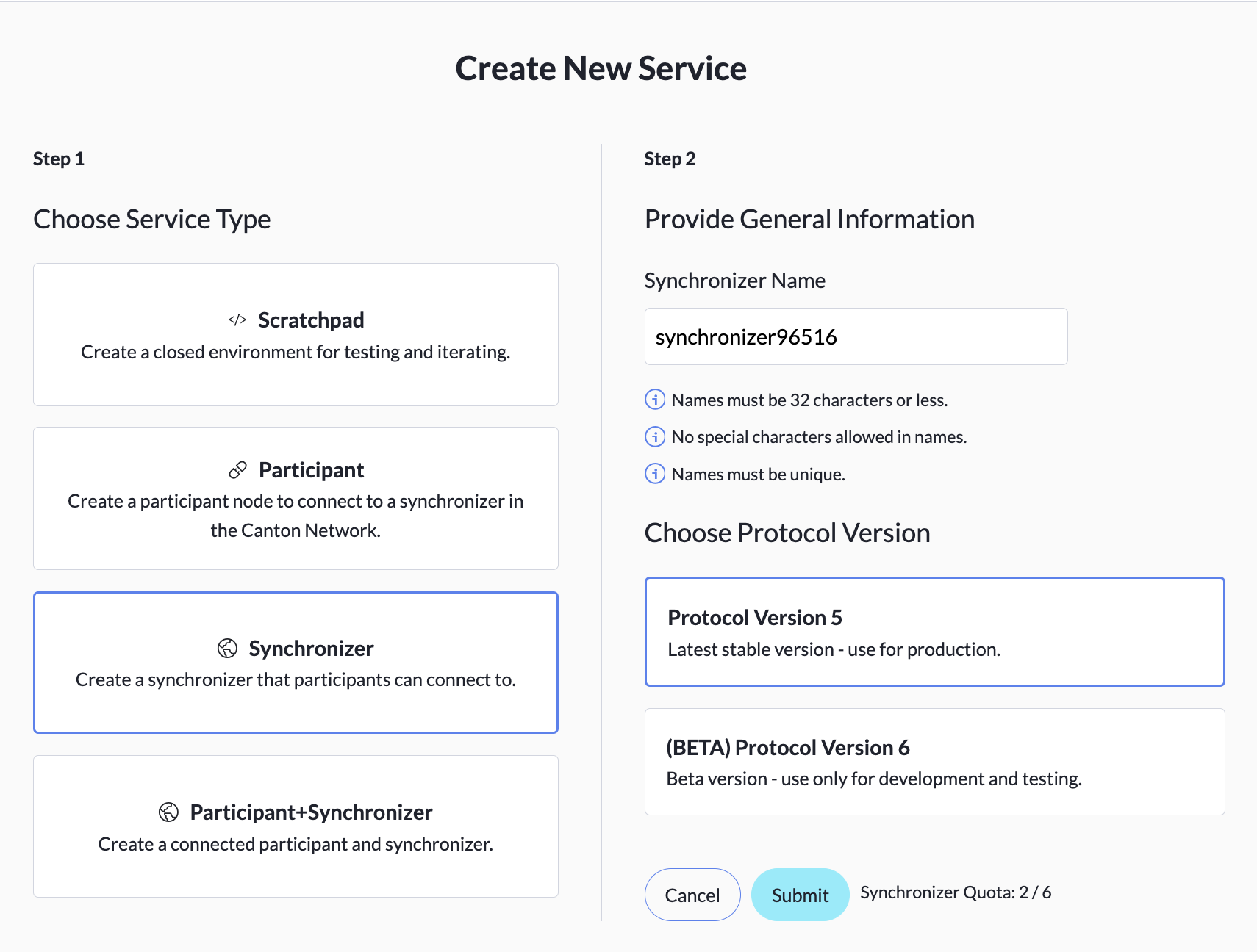 The Create New Service screen with the Synchronizer tile selected, showing a default name and the Cancel/Submit buttons.