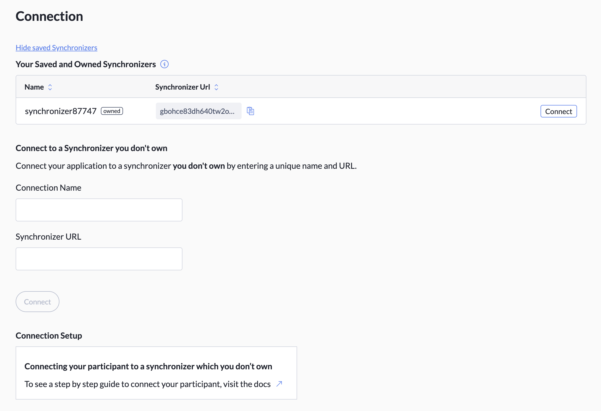 The Connection tab with the saved synchronizer list expanded.