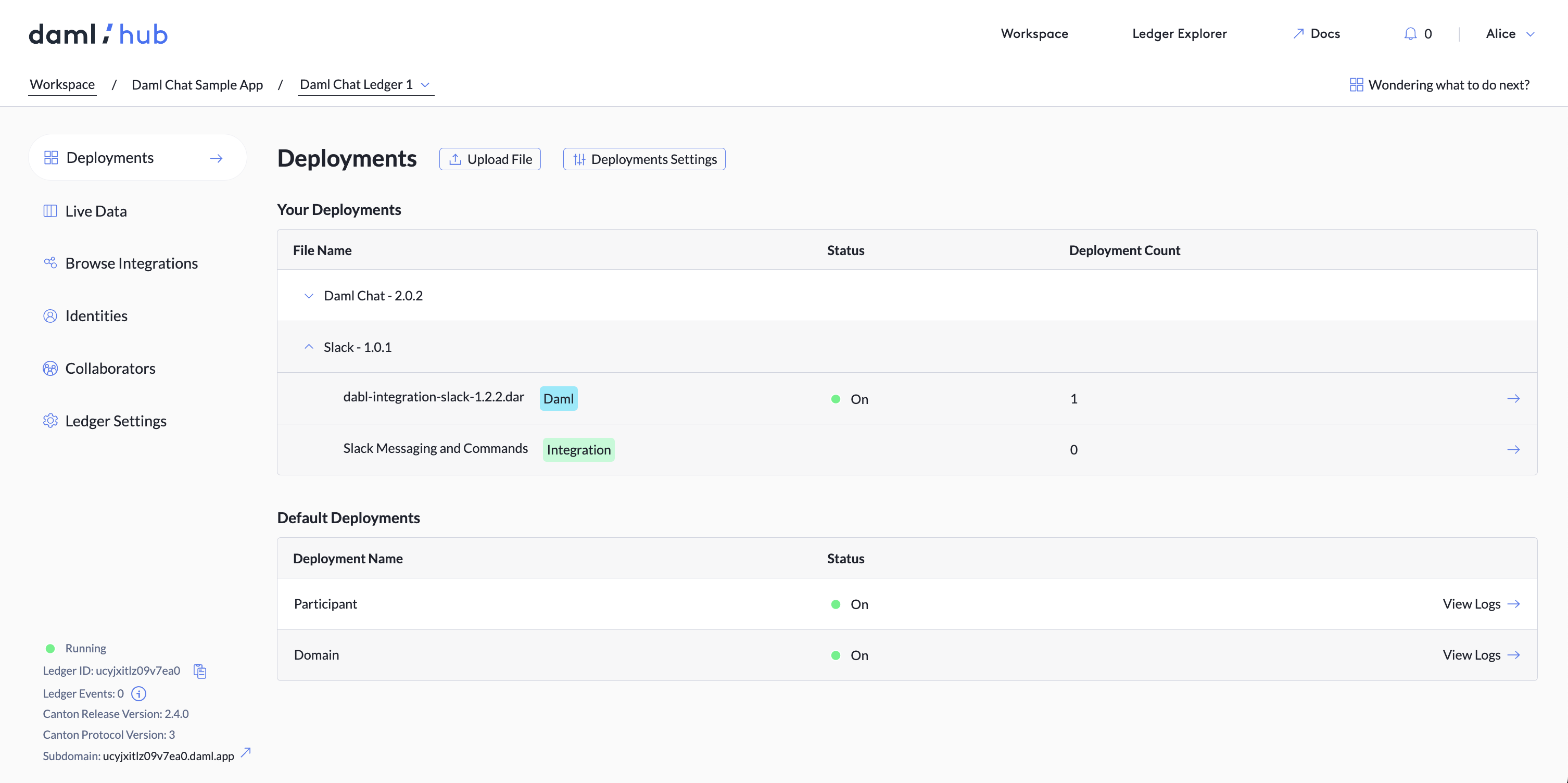 The Deployments tab with the Slack integration running.