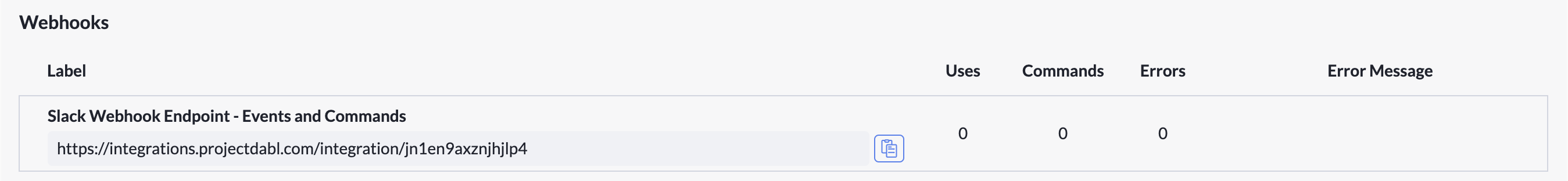 List of webhooks for a Slack integration deployment.