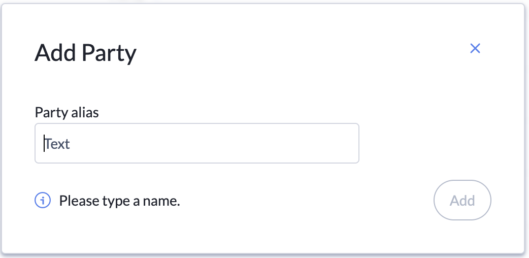The Add Party pop-up with a field to enter the new user alias.